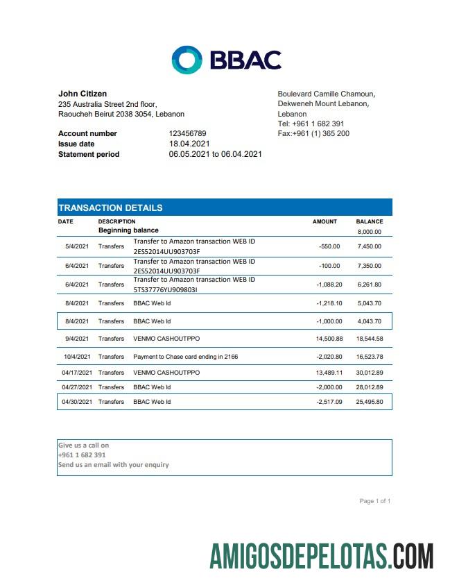 Extrato bancário BBAC do Líbano em branco, modelo fácil de preencher em formato de arquivo .xls e .pdf